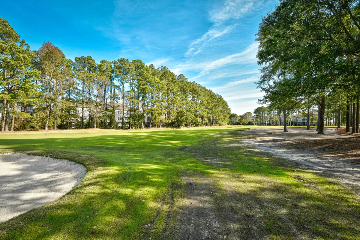 This image captures a lush golf course with vibrant green grass, tall trees bordering the fairways, a sand trap, and a clear blue sky overhead. The course looks immaculately maintained, inviting golfers to enjoy a day on the greens.